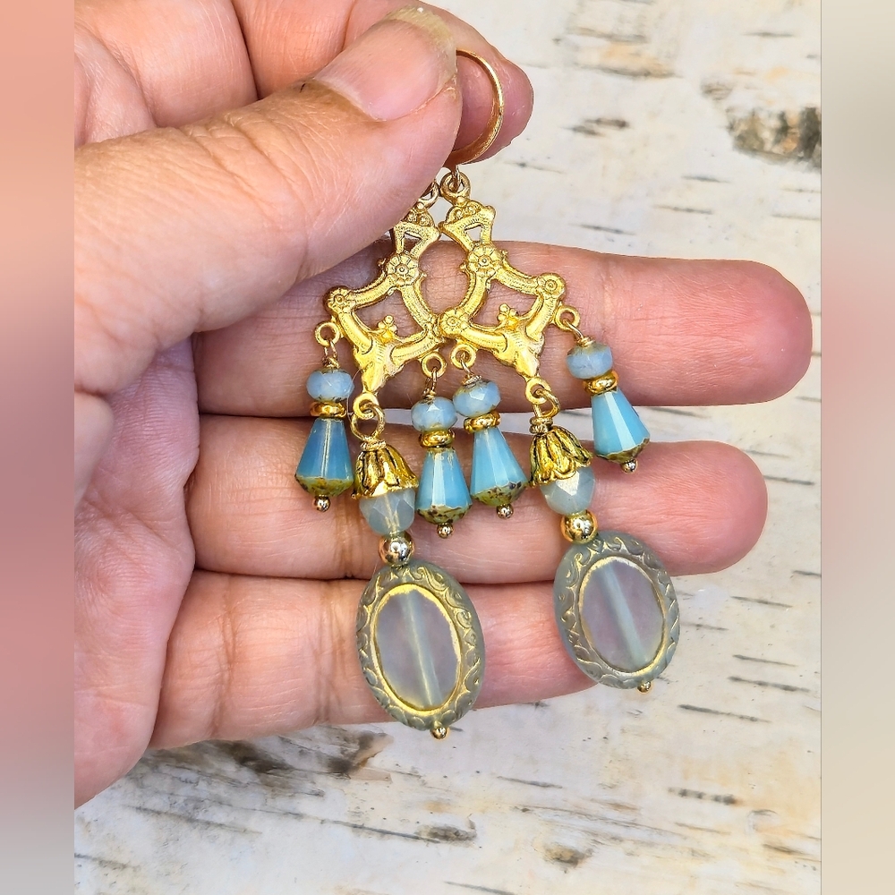 Victorian Aqua Blue Glass In Gold Plated Chandelier Art Deco Earrings - Picture 6 of 8